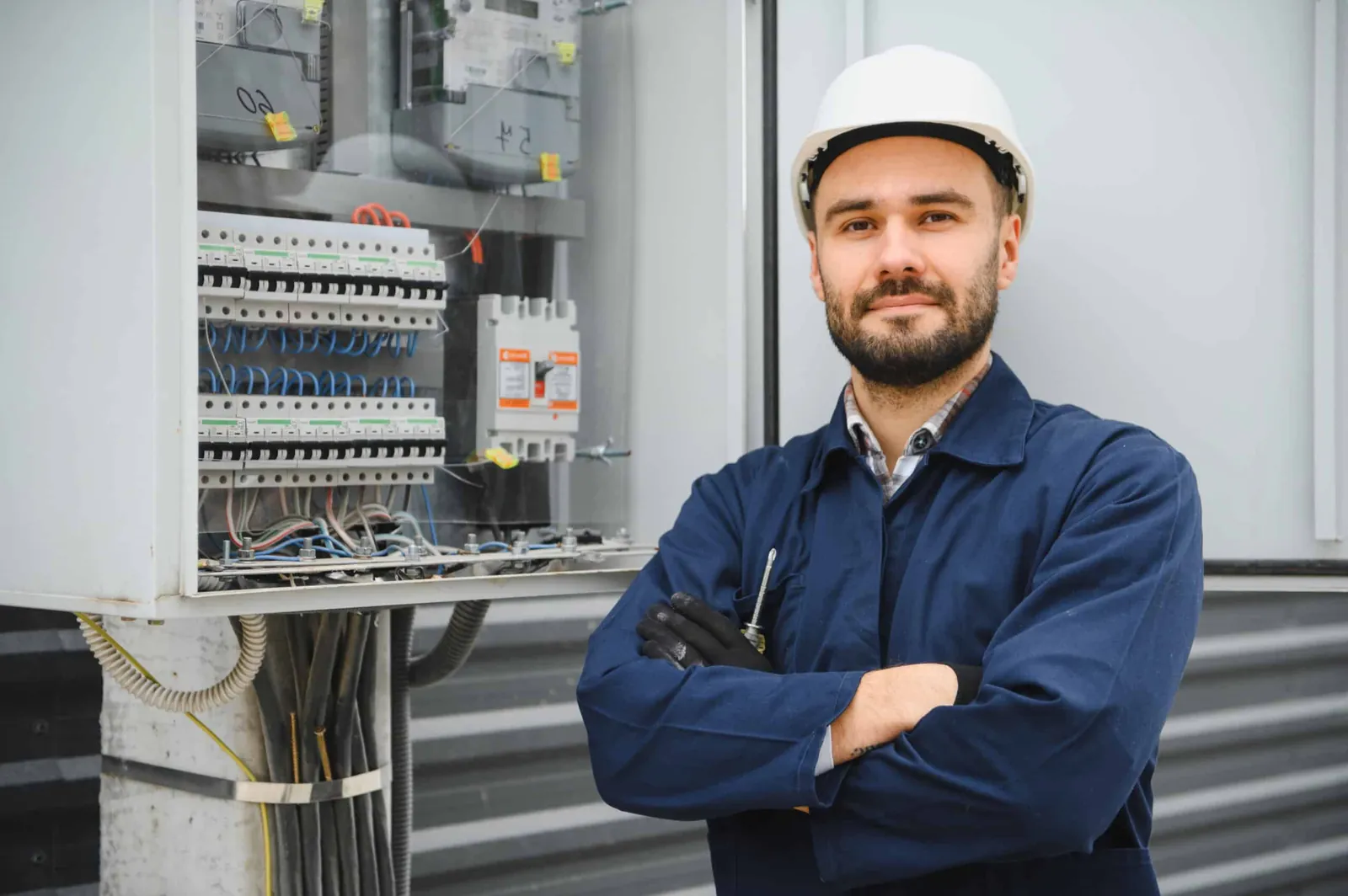 Elektriker mit Schutzhelm steht mit verschränkten Armen vor einem geöffneten Verteilerschrank, Ratgeber von Rucker Elektro München