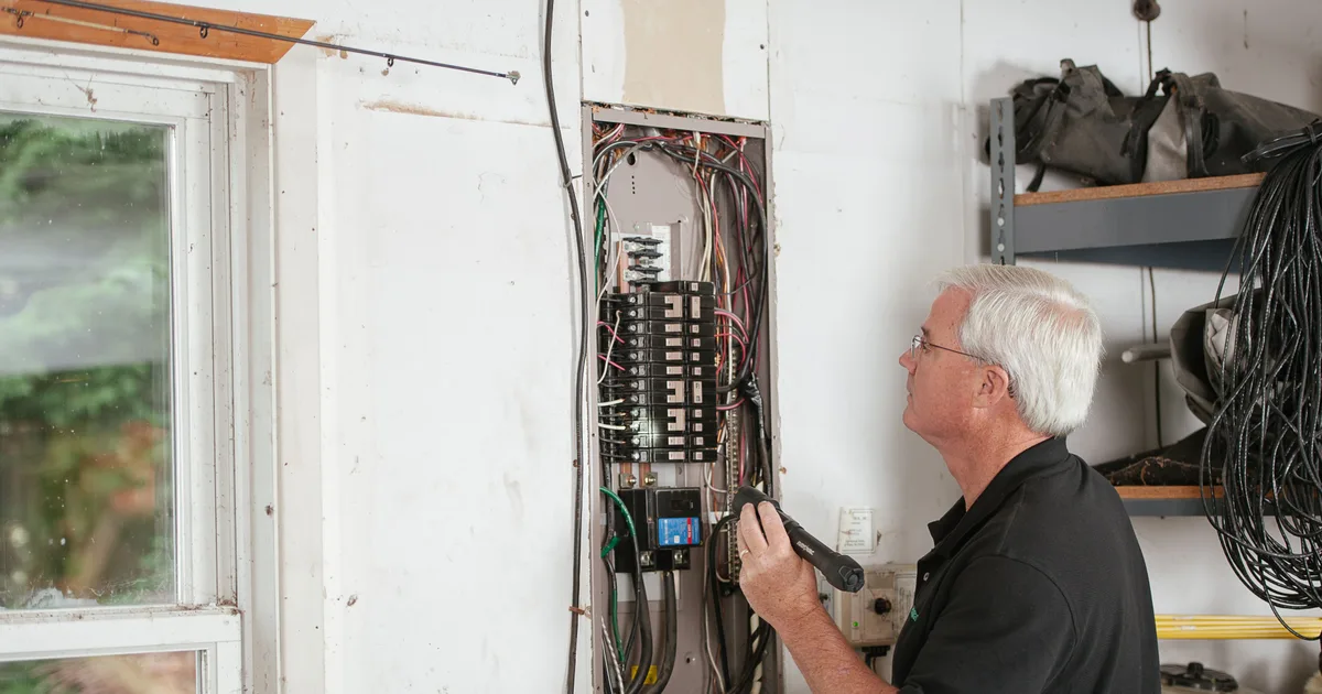 Elektriker prüft den geöffneten Sicherungskasten eines Wohnhauses vor dem Immobilienverkauf, Ratgeber von Rucker Elektro München