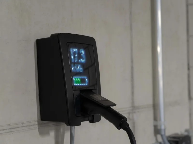 Wallbox mit Typ-2-Ladestecker und Leistungsanzeige an einer Betonwand, Ratgeber von Rucker Elektro München