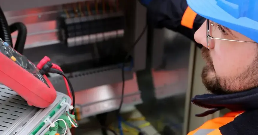 E-Check München: Elektriker prüft eine elektrische Anlage mit Messprotokoll