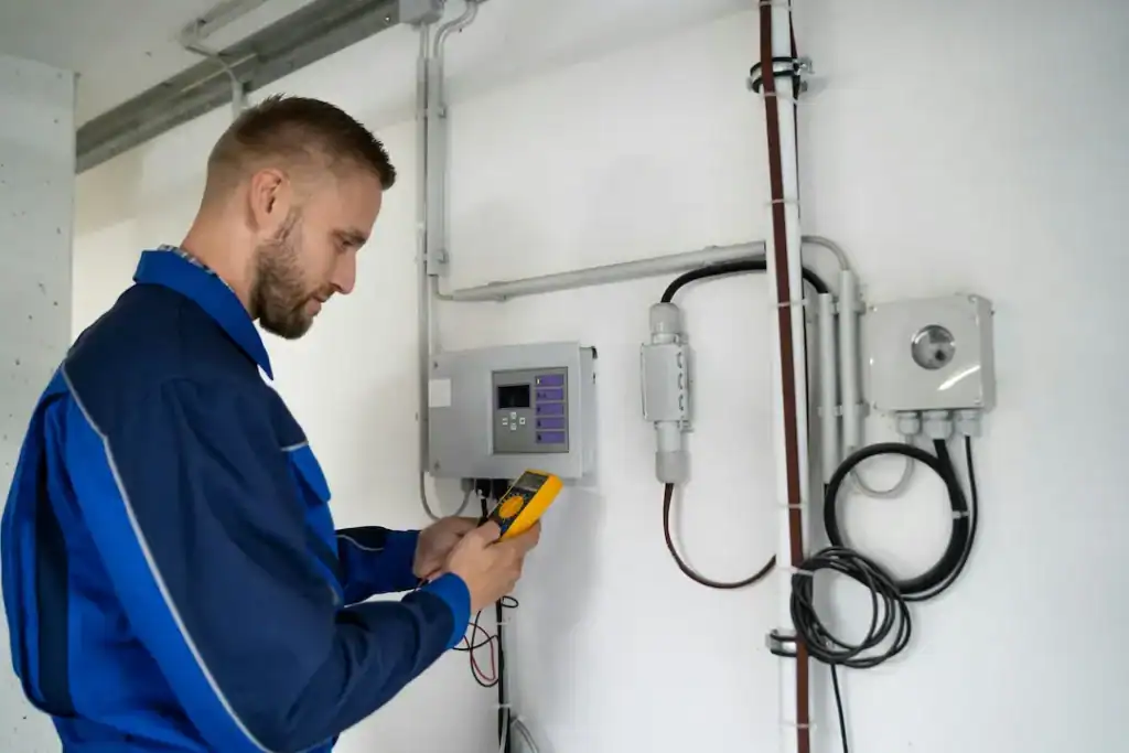 Elektriker prüft Heizungssteuerung mit Multimeter in Gebäudetechnik.