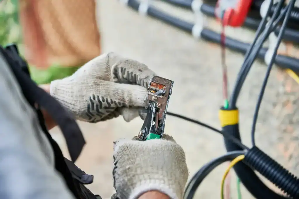 Hände mit Handschuhen isolieren ein Kabel mit Werkzeug.