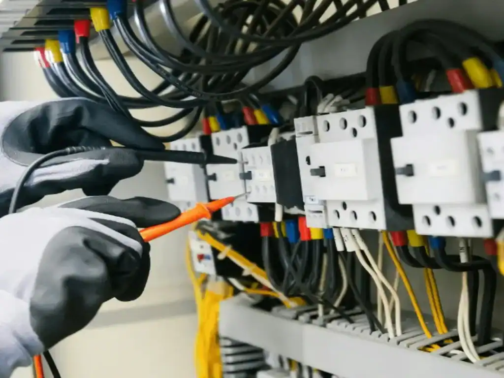 Elektriker prüft Schaltschrank mit Messspitzen.