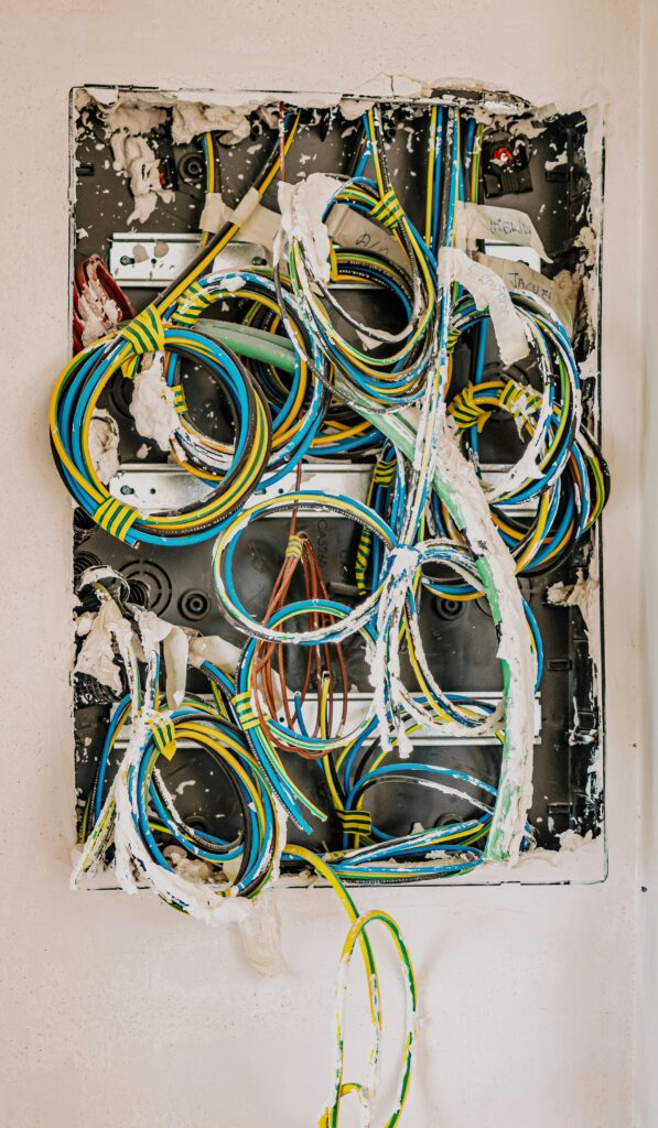18:47Offener Sicherungskasten mit mehrfarbigen Elektrokabeln im Rohbau